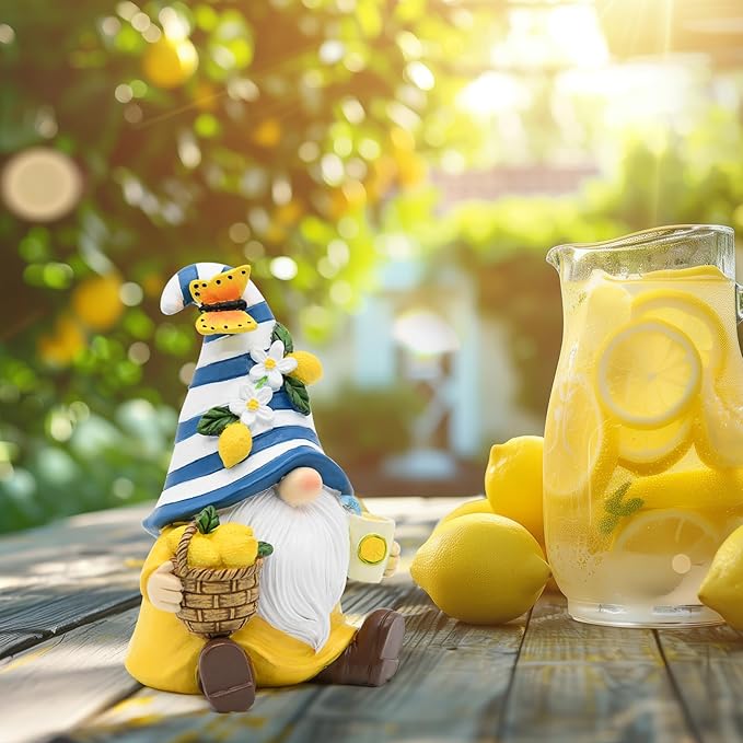 Lemon Decor Summer Garden Gnome, Mediterranean Decor Resin Figurines, Lemon Party Decoration for Home Kitchen Office Tiered Tray, Summer Gnomes Gifts