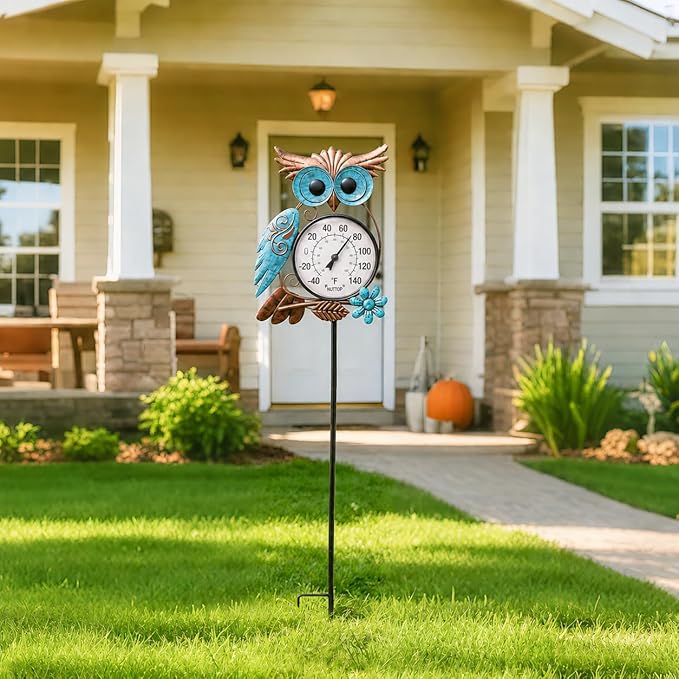 MUMTOP Outdoor Thermometer, 42 Inch Metal Owl Garden Stake Outside Wall Thermometer for Patio, Yard and Garden