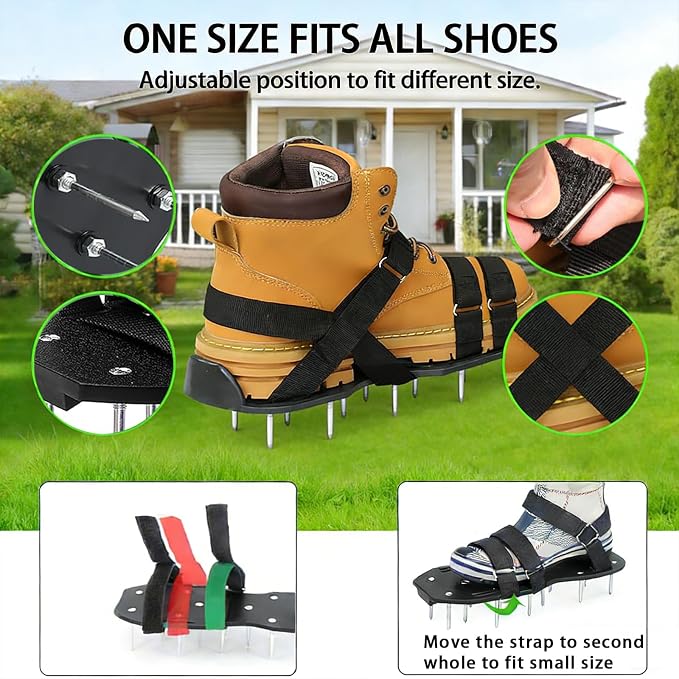 Lawn Aerator Shoes with 2.2'' Heavy Duty Spikes & Metal Shovel & Garden Gloves, Adjustable Hook & Loop Straps, One Size Fits All, Epoxy Shoes for Yard Garden Soil Aeration Tool