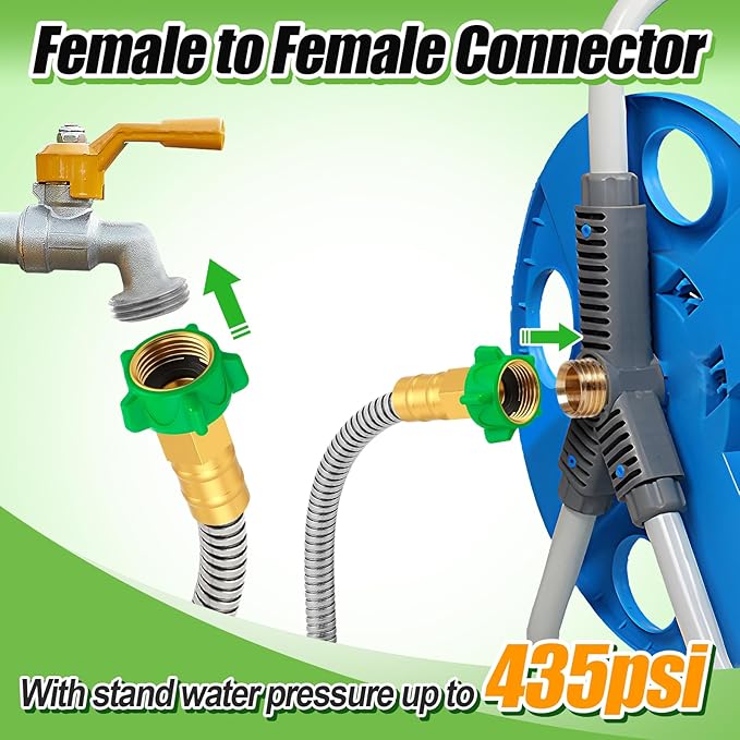 5ft Short Garden Hose with Double Female Connectors - Metal Leakproof Leader Hose for Hose Reel, Heavy Duty 304 Stainless Steel Flexible Hose for Outdoor Garden Watering Car Pet Cleaning