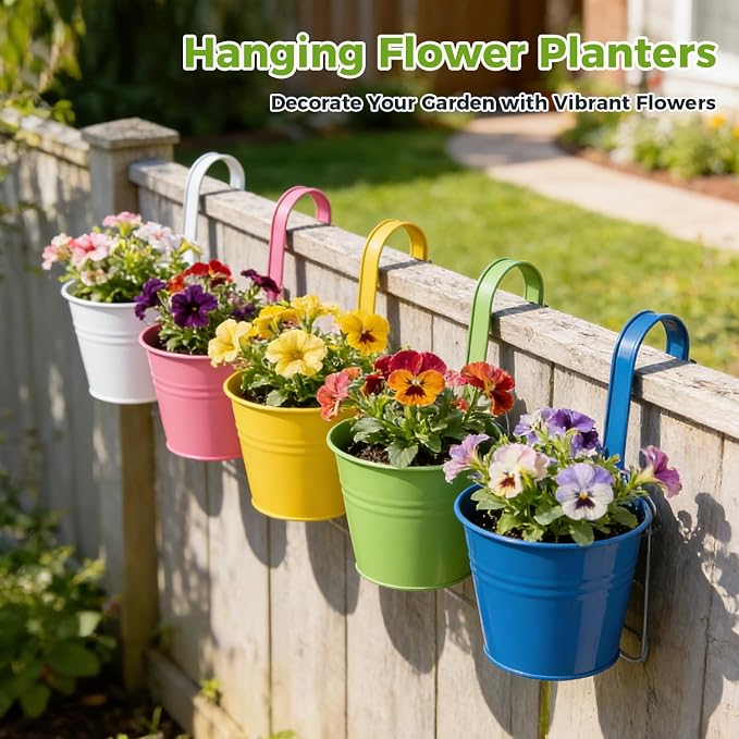 12 Pack Balcony Planters Railing Hanging, Colorful Railing Planter 6.4 Inch Plant Pots with Drainage Holes Hanging Plant Holder Indoor Hanging Planter Outdoor Flower Pots
