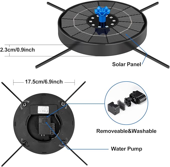SEIRMEP Solar Fountain Pump with 3 Spray Height Adjustments, Upgraded Glass Solar Bird Bath Fountains with LED Lights,6 Nozzles,Outdoor Solar Water Fountain for Bird Bath, Garden, Pool, Pond (Blue)
