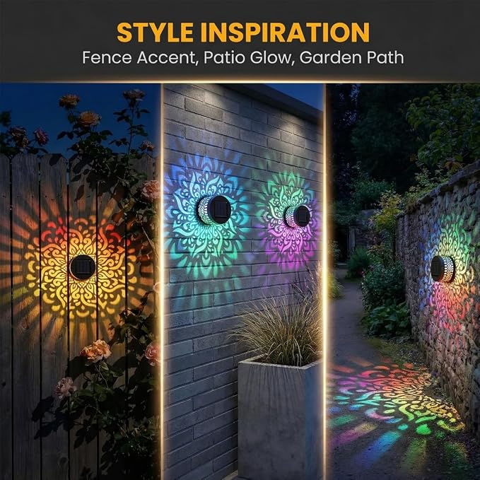 Lscsdf Seven-Color Changing Solar Mandala Projection Wall Light Decorative Solar Mandala Lights Outdoor Waterproof Metal Fence Lights for Yard Garden Post Patio Backyard Decor (4pcs)