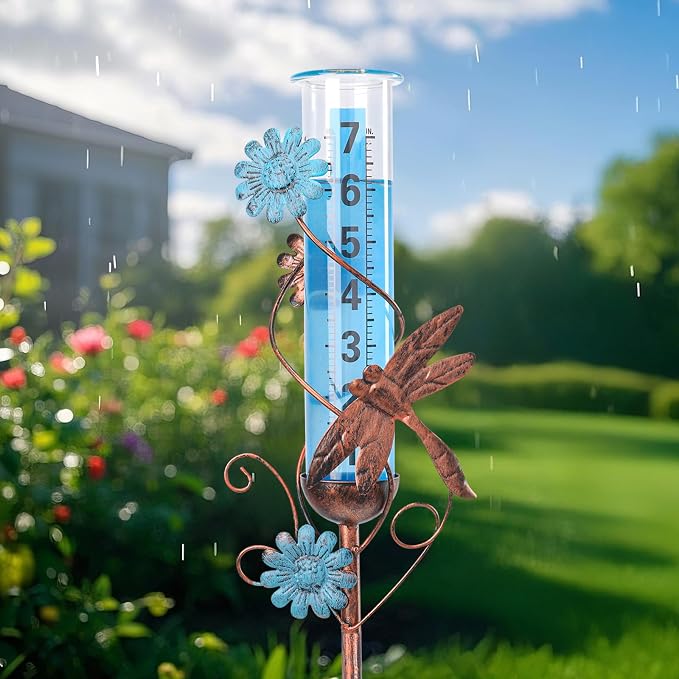 WONDER GARDEN Rain Gauge Outdoor, Decorative Rain Gauges Outdoors Best Rated with Dragonfly and Flower, Freeze Proof Water Rain Measure Gauge for Yard Patio Lawn Garden Decor