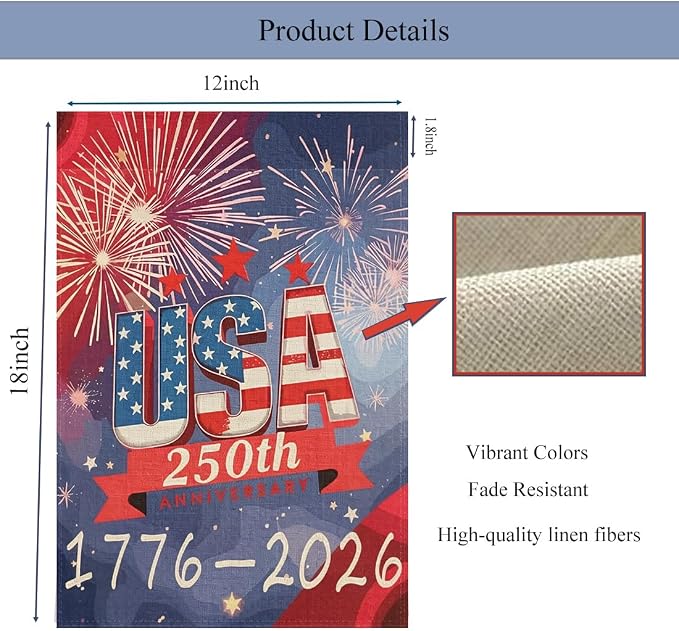 250th Anniversary Garden Flag, Patriotic Garden Flag, Double-Sided Outdoor Yard Decoration for Outdoor, Front Door, Porch