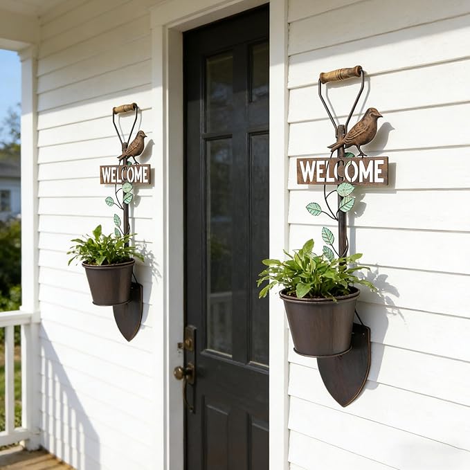 2Pcs Metal Wall Planter,Vintage Wall Hanging Planter with Welcome Sign, Rustic Farmhouse Wall Decor with Bird, Garden Wall Plant Holder for Porch Patio Entryway