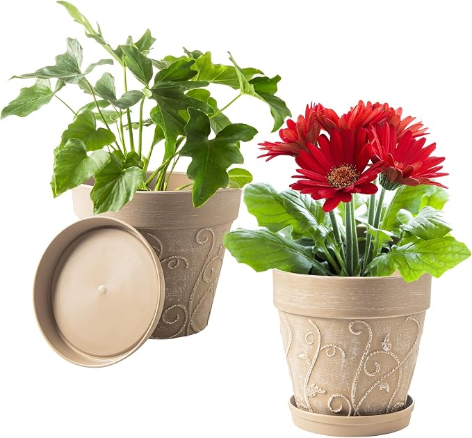 Melphoe Plastic Plant Pots Indoor with Drainage & Saucer, 2Pack 8 inch Flower Pots Outdoor Planters for Indoor Plants Garden Home Decor Cactus Succulent, (NOT-Terracotta) Vine-Embossed