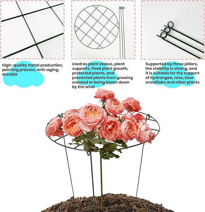 2 Pcs Flower Support Rings, Peony Cage Plant Support Stake,Grow Through Grid Plant Brace, Hoops with 3 Pcs Legs for Heavy Blossoms (2 pcs 24")