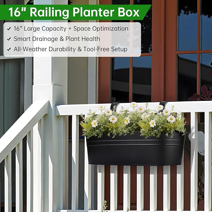 OGIMA Railing Planter Box, 3 Pack 16" Large Hanging Planters for Outdoor Plants with Detachable Wide Hooks for 2.7'' Railings, Balcony Planters Railing Hanging for Deck, Fence & Patio Decor