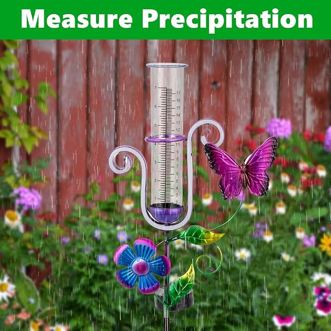 Stargarden Rain Gauge Outdoor, Solar Powered Rain Gauge, 7" Tube Butterfly Rain Measure Tool with Metal Stake, Decorative Rain Measure Gauge for Yard, Lawn, Garden