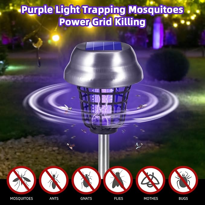 2026 Solar Bug Zapper Outdoor Waterproof Mosquito Repellent Outdoor Patio Mosquito Trap & Killer for Backyard, Farm, Garden, Solar Powered Fly Zapper for Small Flying Insect, Gnats, Flies, Moths(4)