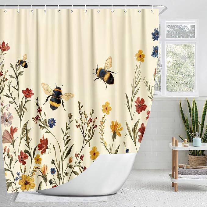 Rustic Boho Floral Bee Shower Curtain, Vintage Chic Bee Botanical Floral Farmhouse Cottagecore Aesthetic Shower Curtain Set with Hook, Nature Garden Plant Shower Curtain for Bathroom 72X78 Beige