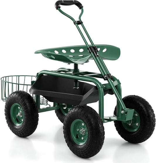 DORTALA Heavy Duty Garden Cart Work Seat w/360 Swivel Seat and Storage Basket, 4-Wheel Rolling Planting Cart w/Tool Tray Extendable Steering Handle Height Adjustable Seat for Gardening, Green