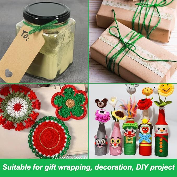 Vivifying Garden Twine String, 328 Feet x 3 Rolls 2mm Red Green White Jute Twine for Gift Wrapping, Gardening, DIY Crafts, Packing