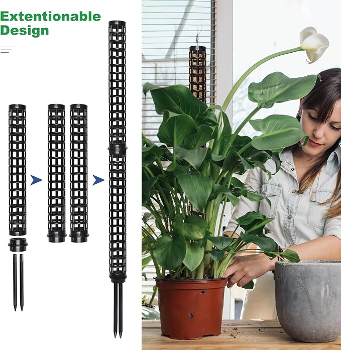 Moss Pole for Climbing Plants Monstera, Indoor Plant Supports, Plastic Moss Stick, Plant Stake for Garden, Extension Aid Climbing Rob (Black, 6pcs 10inch)