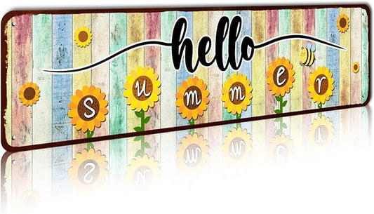 Hello Summer Sign, Farmhouse Sunflower Summer Decor Sign Porch Decor for Home Garden Farmhouse Yard Office Decorations 4"x16" Inch