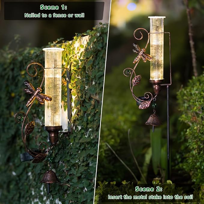 Rain Gauge Outdoor, Solar Rain Gauges with 7" Plastic Tube, Dragonfly Metal Rain Gauge with Decorative Bell for Garden Yard Lawn Decor