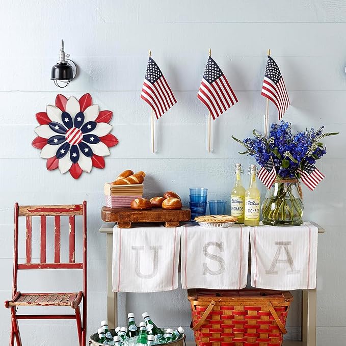 hogardeck 4th of July Decorations Outdoor, Red White Blue Metal Flower Wall Art for Fourth of July Decor, 3D Metal Floral Patriotic Decorations for Yard Garden Home Indoor