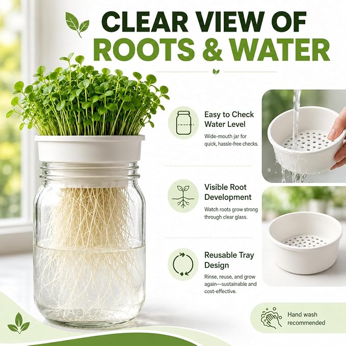 Microgreens Growing Kit for Wide Mouth Mason Jars, 4-Pack Deep & Shallow Hydroponic Growing Trays for Indoor Kitchen Gardening, Reusable Trays for Sprouts, Herbs, Pea Shoots