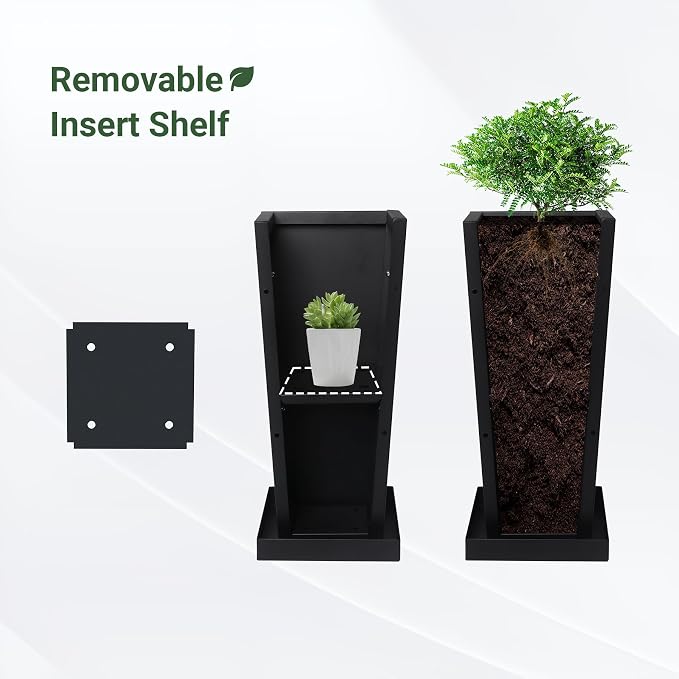 20" Metal Tall Outdoor Planters Set of 2, Durable & Wealtherproof | Tall Planters with Drainage Insert Shelve & Trays, Black Outdoor Planters for Porch, Garden, Yard