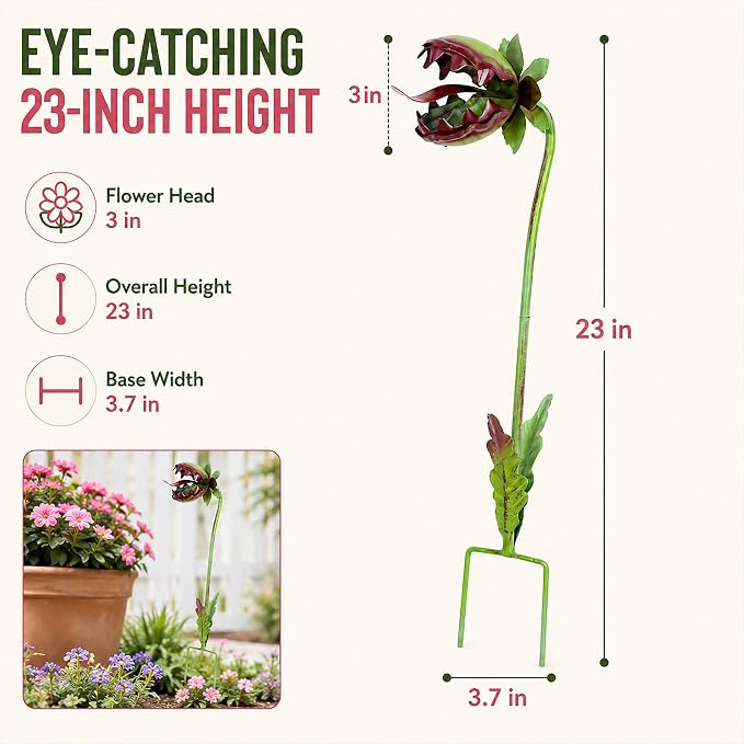 Funny Metal Carnivorous Plant Garden Stake, 25" Large Venus Flytrap Sculpture, Whimsical Outdoor Yard Art for Lawn Patio Planters, Unique Weather-Resistant Garden Decor Gift (Monster Flower 2pcs)