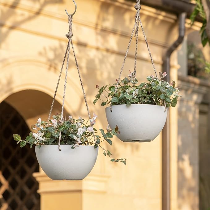 LA JOLIE MUSE White Hanging Planter Basket - 8 Inch Indoor Outdoor Flower Pots, Plant Containers W/Drainage Hole, Plant Pot for Hanging Plants, Pack 2