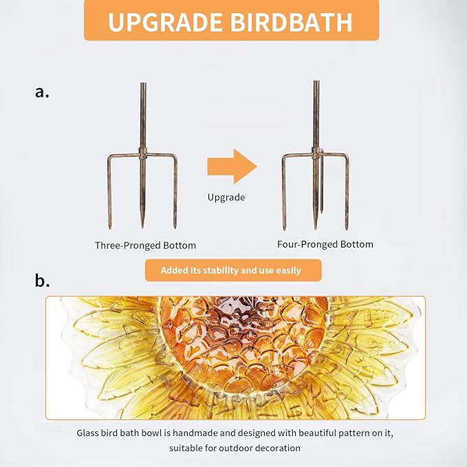 MUMTOP Glass Bird Bath, Garden Outdoor Birdbaths Birdfeeder with Metal Stake, Golden