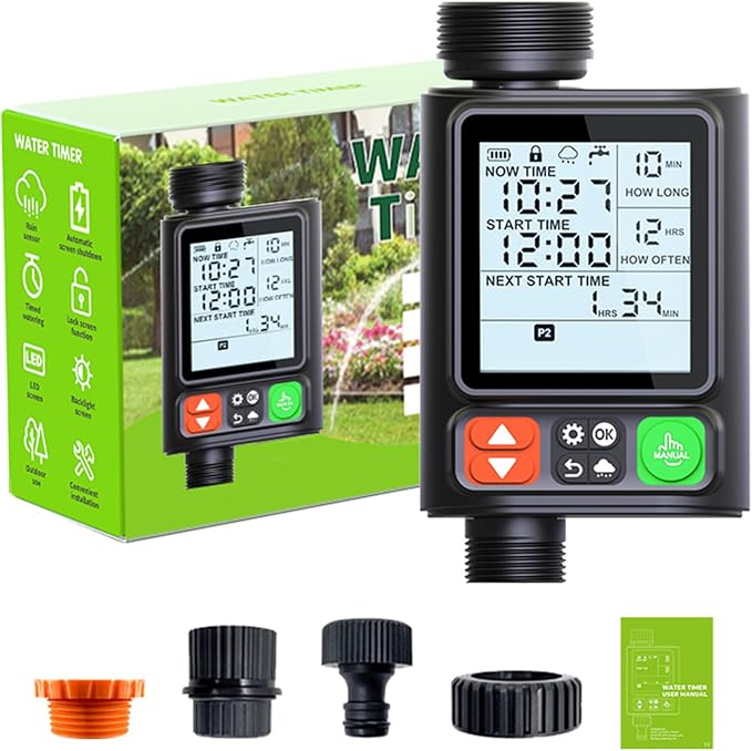 Sprinkler Timer for Garden Hose, Upgrade 10 Programmable Water Timer with Auto Rain Delay, IP54 Waterproof 3.3“ Large LCD Drip Irrigation System Timers for Plant, Yard, Lawns, Outdoor
