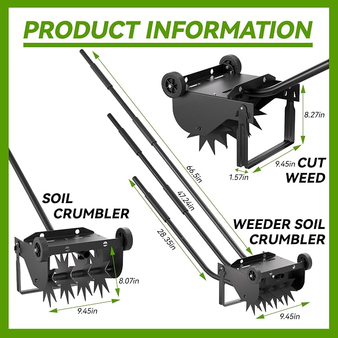 Lineware 9-Inch Lawn Aerator with Steel Handle,Heavy Duty Push Spike Aerator with 2 Wheels,Aerator Lawn Tool, Manual Aerator Lawn Tool with Foam Armrests, Suitable for Lawn, Garden and Yard