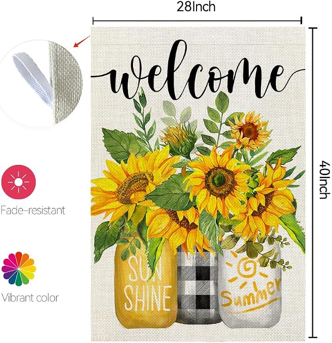 CROWNED BEAUTY Summer Sunflower House Flag Mason Jar Double Sided 28x40 Inches Large Burlap Seasonal Welcome Yard Porch Decoration for Outside