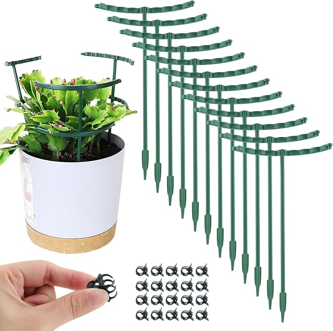 12Pcs Plant Support Stake,Half Round Plant Support Ring with 20 Pcs Clips,Plastic Plants Cage Holder for Small Plants Flower Vegetable,Indoor Leafy Plan t(Green,Size:24 x 14cm/9.45 x 5.51inch)