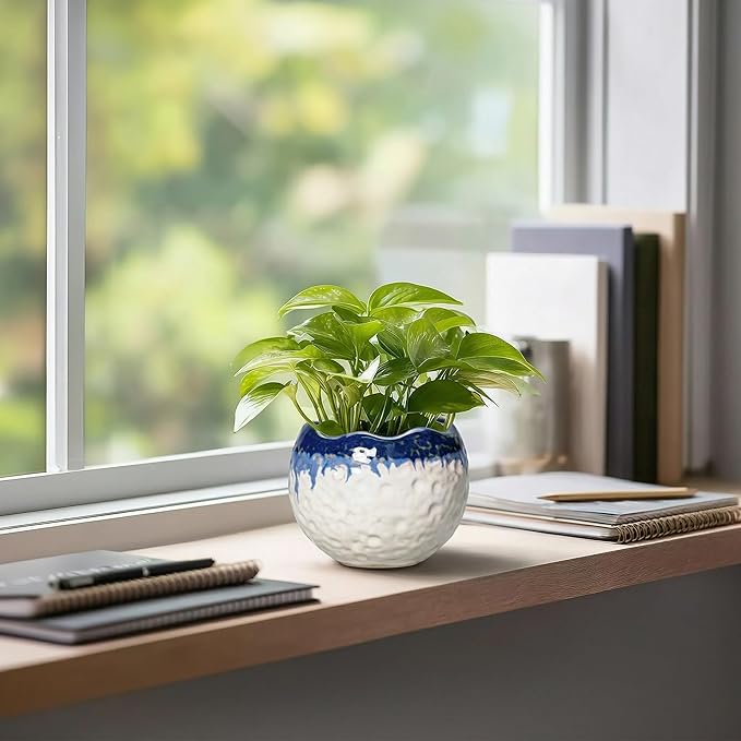 4 Inch Plant Pots - Ceramic Pots for Plants with Drainage Hole and Plug, Round Planters for Indoor Outdoor Plants, Modern Unique Flower Pots, Home Living Room Decor, Garden Gift, Beige-Blue