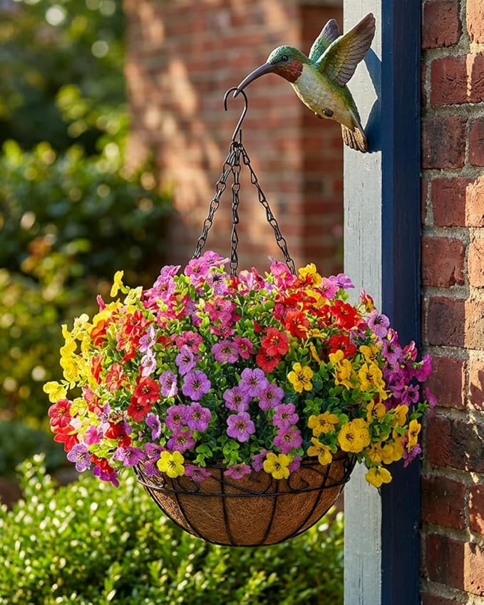 TDHDIKE Artificial Faux Fake Hanging Flowers Plants Basket for Summer Outdoor Outside Decoration UV Resistant Fake Silk Colorful Daisy Eucalyptus for Porch Patio Balcony Yard Garden Home