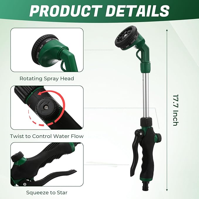 Hushee 2 Pack Garden Hose Watering Wand, 17.7 Inch Metal Watering Wand with 10 Spray Patterns and Shut Off Valve, Hose Sprayer Nozzle for Hanging Baskets Shrubs Plants Garden Lawn(Green)