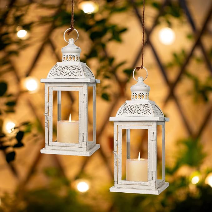 Lantern Decorative Indoor&Outdoor, 2 Pack 14.4'' Large Metal Candle Lanterns, Vintage Hanging Candle Holders for Farmhouse Wedding Front Porch Patio, Halloween Christmas Decorations for Home