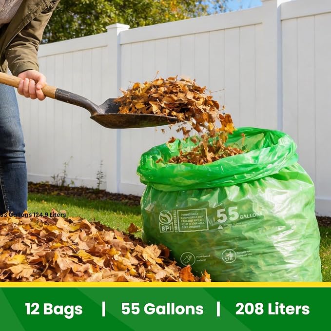 55-60 Gallon Compostable Trash Bags Liners, Heavy Duty Extra Thick 1.57 Mil, 208.2 Liter, 12 Bags, Lawn, Yard, and Restaurant Use, ASTM D6400, US BPI Certified