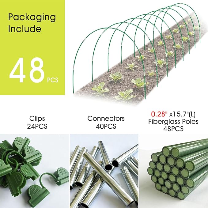RIFNY 48 PCS Garden Hoops for Raised Beds, Greenhouse Hoops Kit Long Grow Tunnel for Row Cover, Rust-Free Fiberglass Garden Support Poles for Insect Mesh Netting Freeze Plant Cover (Green)