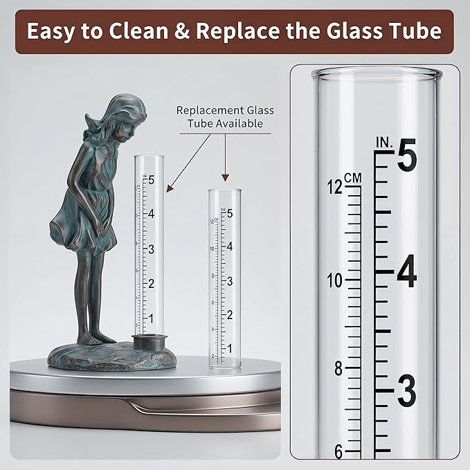 Topadorn Rain Gauge Stake Outdoor, Decorative Girl Garden Statue with 5 Inch Clear Rainfall Tube, Weather Resistant Resin Rain Gauge for Yard, Lawn and Flower Beds