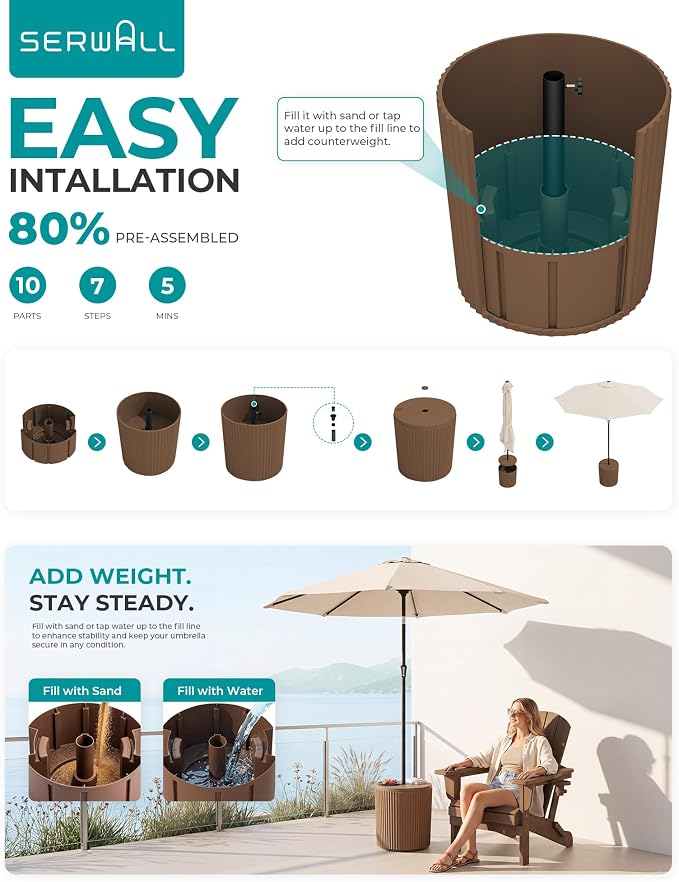 SERWALL Round Outdoor Umbrella Side Table Set of 2 - Outdoor Patio Table with Umbrella Hole for Porch/Patio/Poolside, Brown