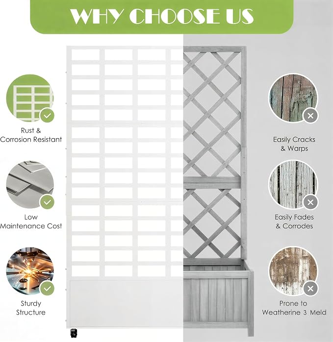 Metal Planter Box with Trellis for Climbing Plants, 74.8"x35.83"x15.16" Raised Garden Bed with Privacy Screen, Outdoor Planter with Drainage Holes, White