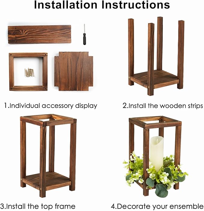 42 Pcs /14 Set Wooden Wedding Lantern Centerpiece-Wooden Candle Lantern Bulk Includes 14 Farmhouse Wooden Candle Holder 14 Flameless LED Candles 14 Eucalyptus Leaves Wreath for Decoration