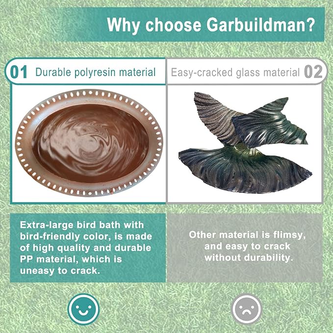 Garbuildman Extra-Large Freestanding Birdbaths Bowl, Detachable Decoration Spa with Metal Stake Stand & Birdfeeder for Outdoor Garden, Oval Style, Chocolate