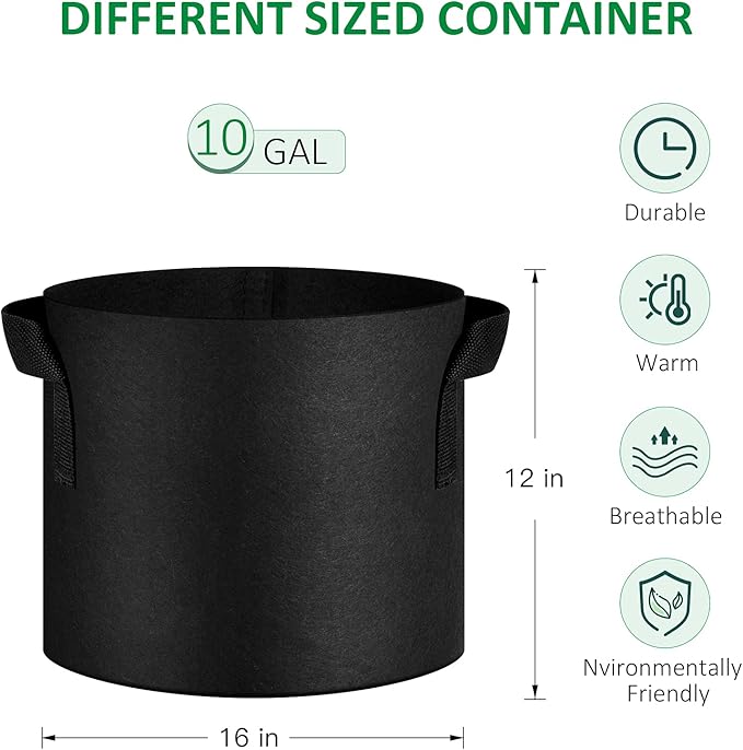 JNYONG 12-Pack 10 Gallon Thickened Non-Woven Grow Bags, Aeration Fabric Pots with Handles