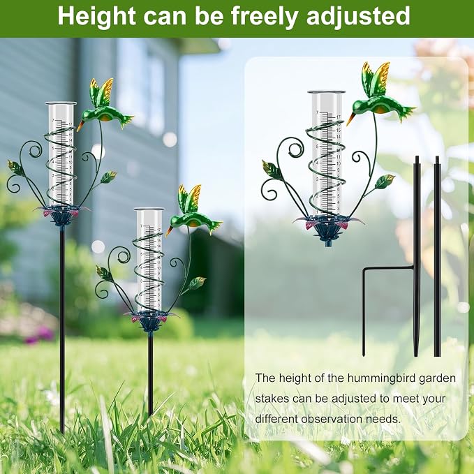 Hummingbird Rain Gauge Outdoor, Metal Rain Gauge with Stake 8 Inch Rain Measure Gauge for Garden, Lawn, Fence, Patio