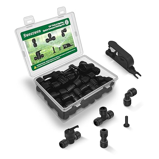 27Pcs 1/4" Drip Irrigation Quick Connect Fittings Kit (6 Couplings, 6 Tees, 6 Elbows, 2 Shut Off Valves, 6 Plugs & Tubing Cutter), Drip Line Connectors for 1/4" Tubing