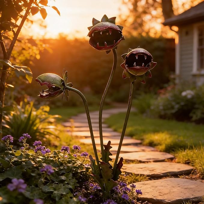 Whimsical Metal Carnivorous Plant Garden Stake, 25-inch Large Venus Flytrap Monster Plant Sculpture, Fun Outdoor Decorative Art Pieces for Lawns, Flower Pots, Flower Beds, Patios