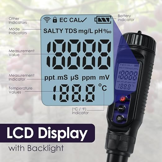 pH Meter for Food 3-in-1 Digital pH EC Temperature Meter with ATC, Food pH Tester for Checking Fermentation/Bread Dough/Sausages, Waterproof pH Probe Meter for Cosmetics, Solid and Soft Soil Sample