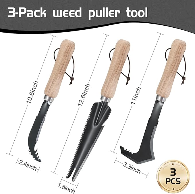 3-Pack Hand Weed Puller Tool, Stainless Steel Garden Trowel with Wooden Handle,L-Shaped Crevice Weeder,Curved-Tip Weed Tool for Effectively Pulling Out Weeds and Their Roots