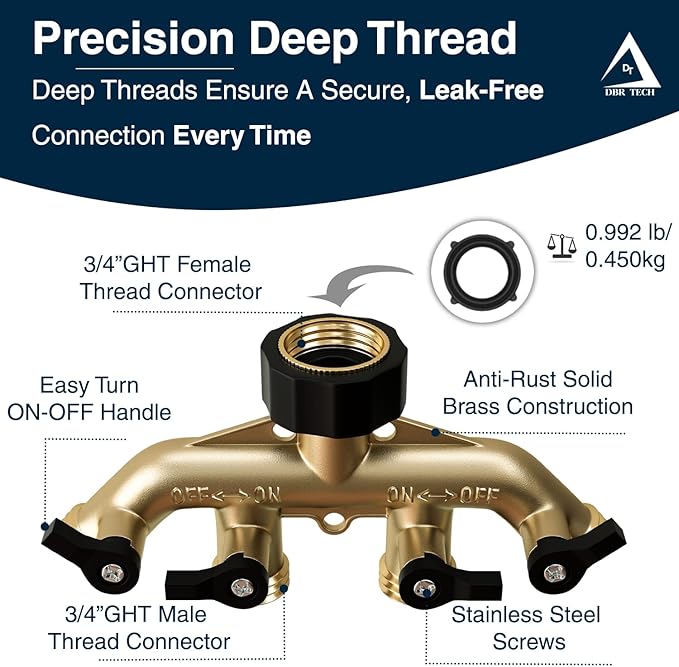 DBR Tech® Heavy Duty 4 Way Hose Splitter (Premium Brass for Superior Durability), Wye Garden Hoses Connector for Water Spigot Faucet Bib Tap, Y Adapter, Rust-Resistant Finish