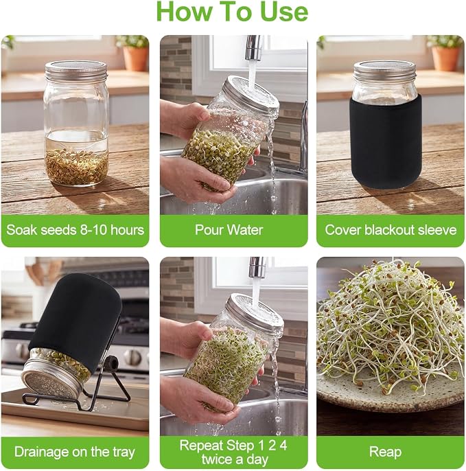 Seed Sprouting Jar Kit, 34oz Mason Wide Mouth Jars 2pc with 316 Stainless Steel Sprouting Lids, Drain Tray, Blackout Sleeves for Broccoli, Mung Beans, Pea, Cat Grass & Buckwheat